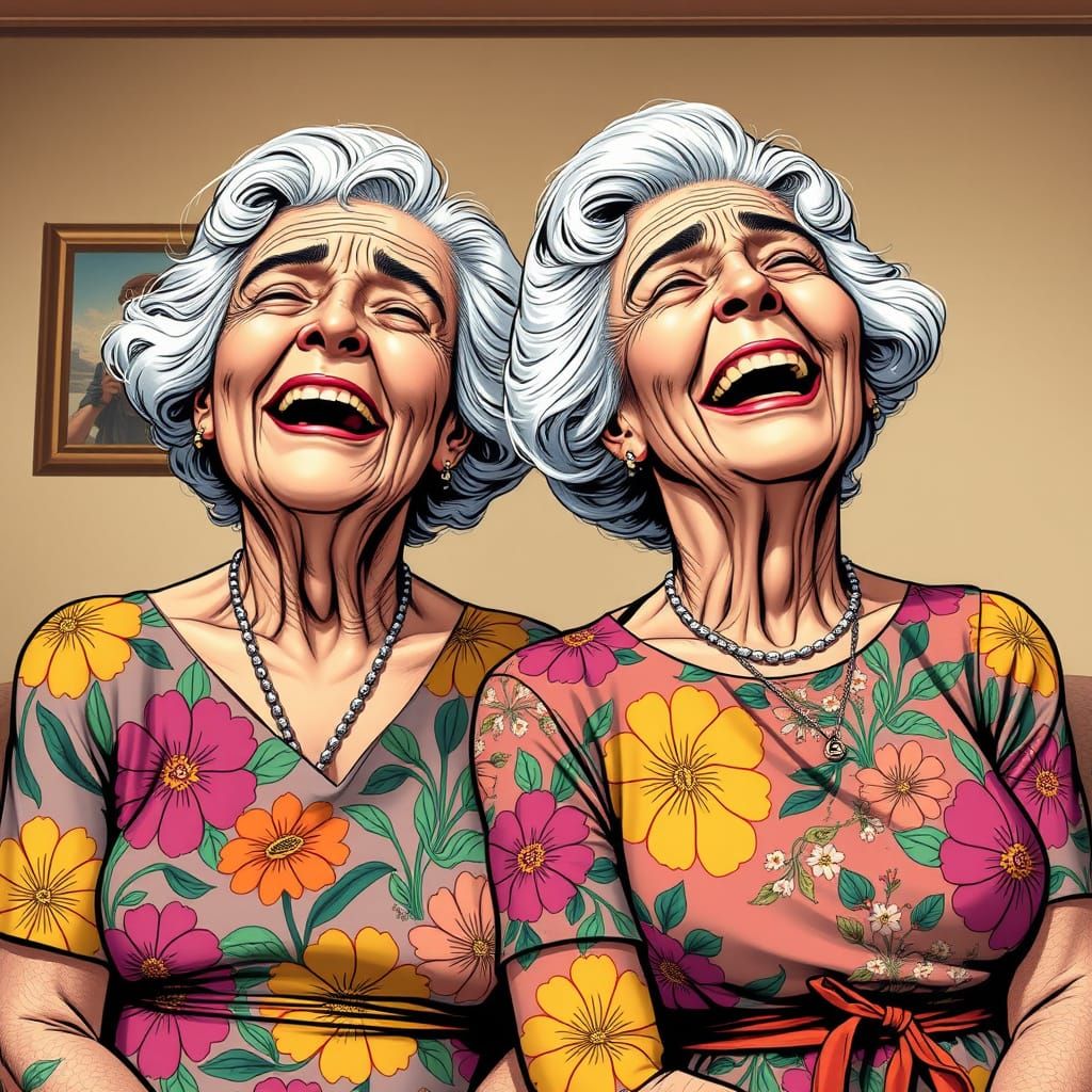 Laughing Elderly Women in Comic Book Style