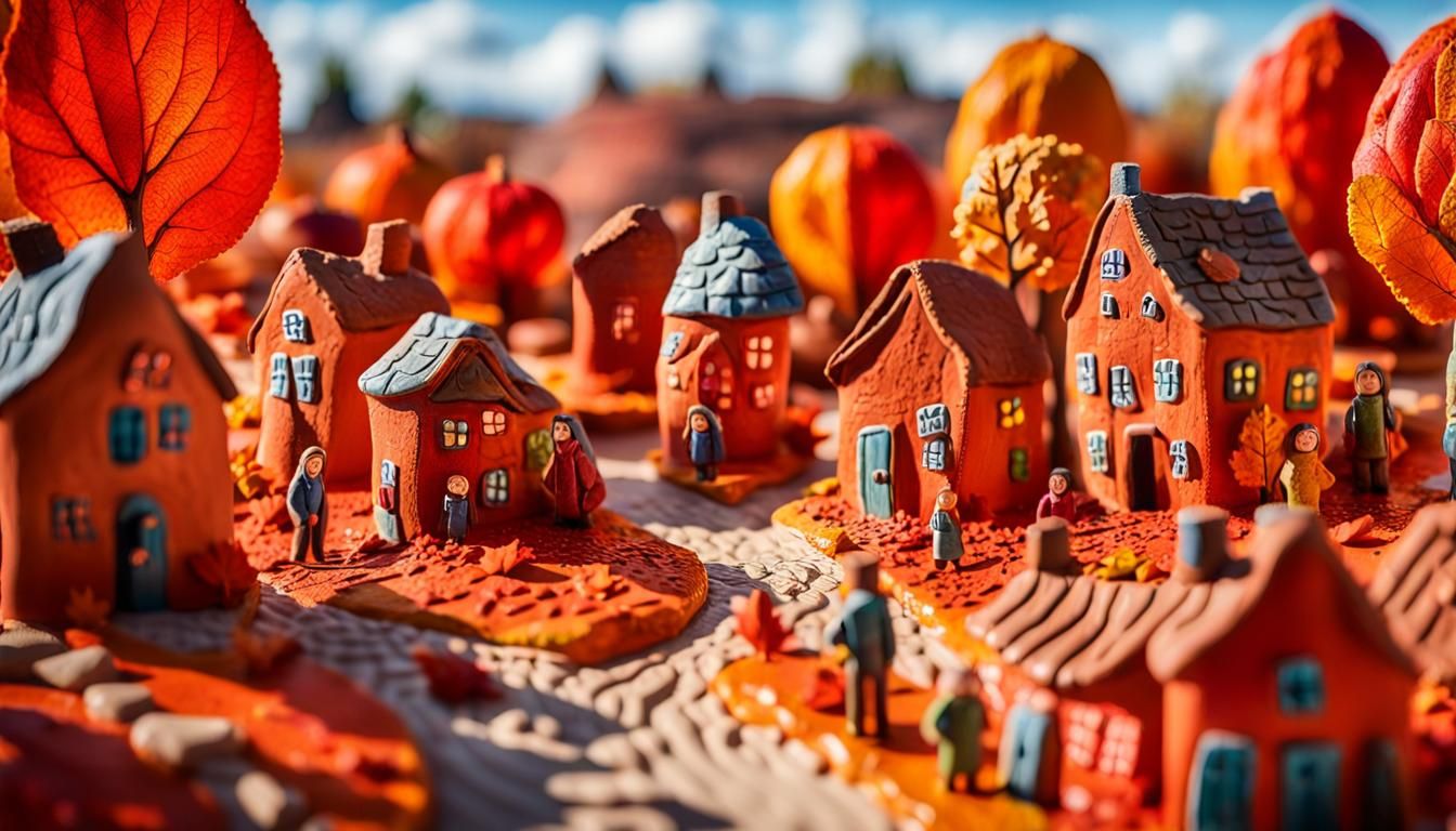 Whimsical Clay Art Village in Autumn Sunlight