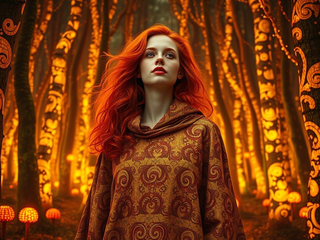 Serene Redheaded Woman in Golden Tapestrycore Forest