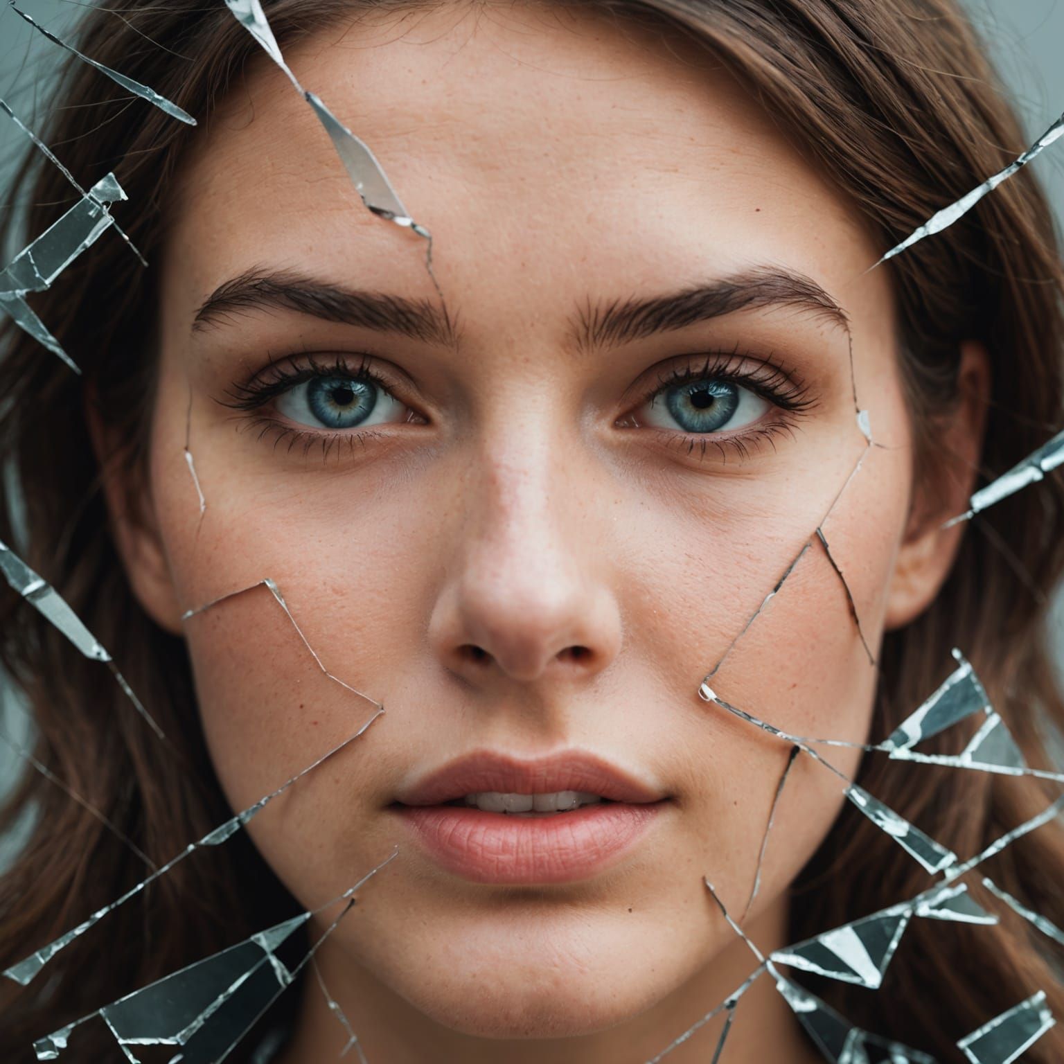 Beautiful Woman's Face Behind Broken Screen