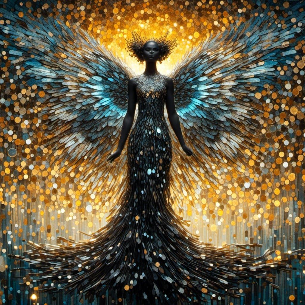 Holographic Angel with Ferrofluid Textures