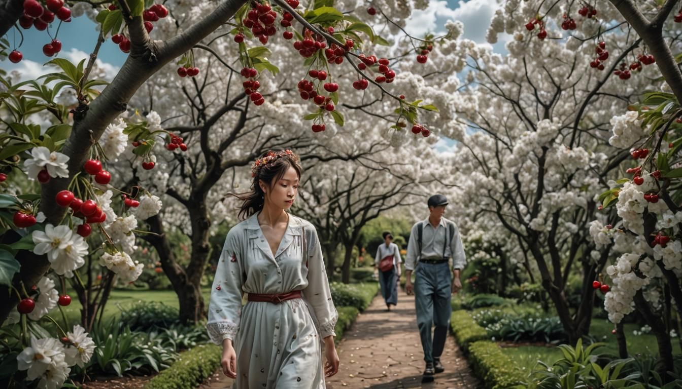Ethereal Being in Cherry Garden: Hyperrealistic Image