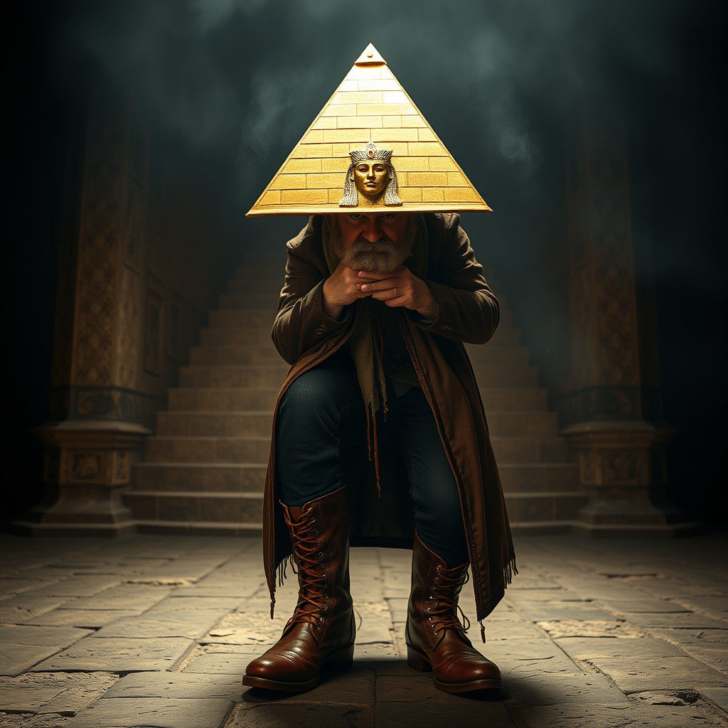 History Professor with Golden Pyramid Hat in Chiaroscuro