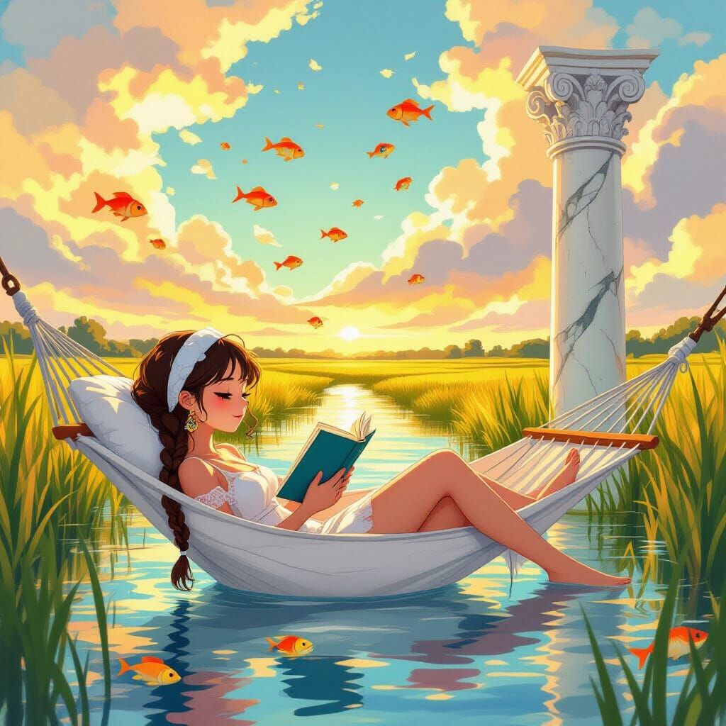 Girl in Hammock with Fish, Anime Style