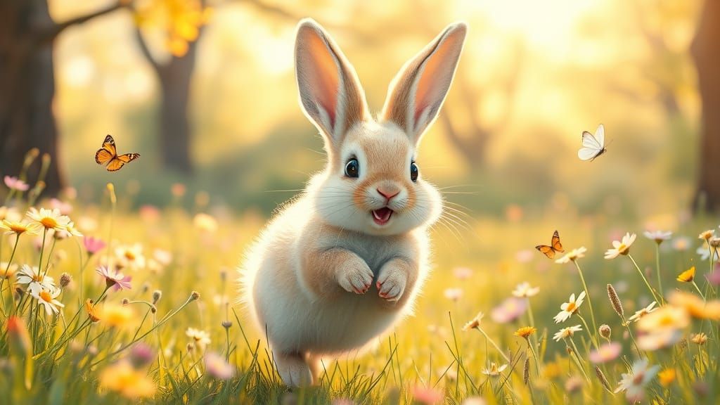 Adorable Bunny Hopping Through Meadow: Pastel Illustration