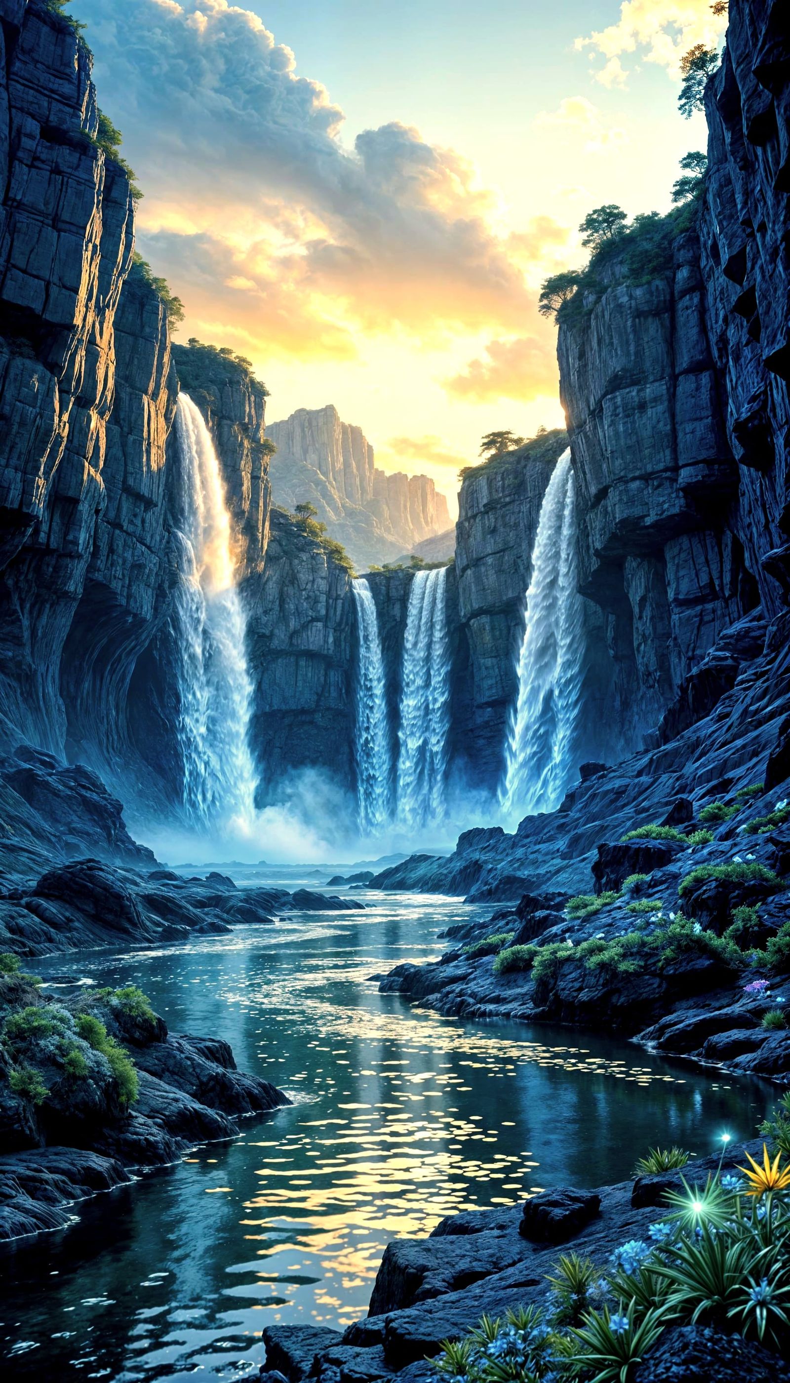 Bioluminescent Waterfalls on Alien World: Landscape Photogra...