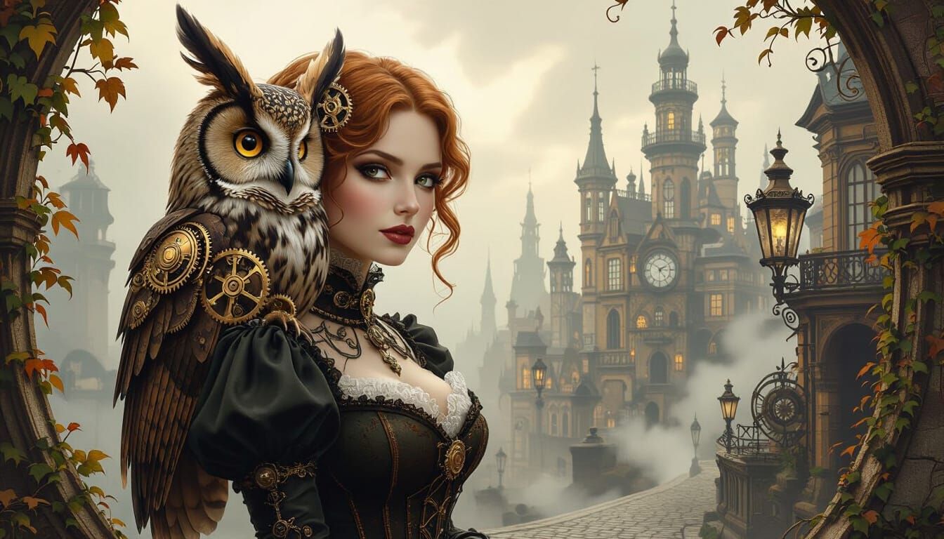 Steampunk Clockwork Owl on Woman's Shoulder in Gothic City