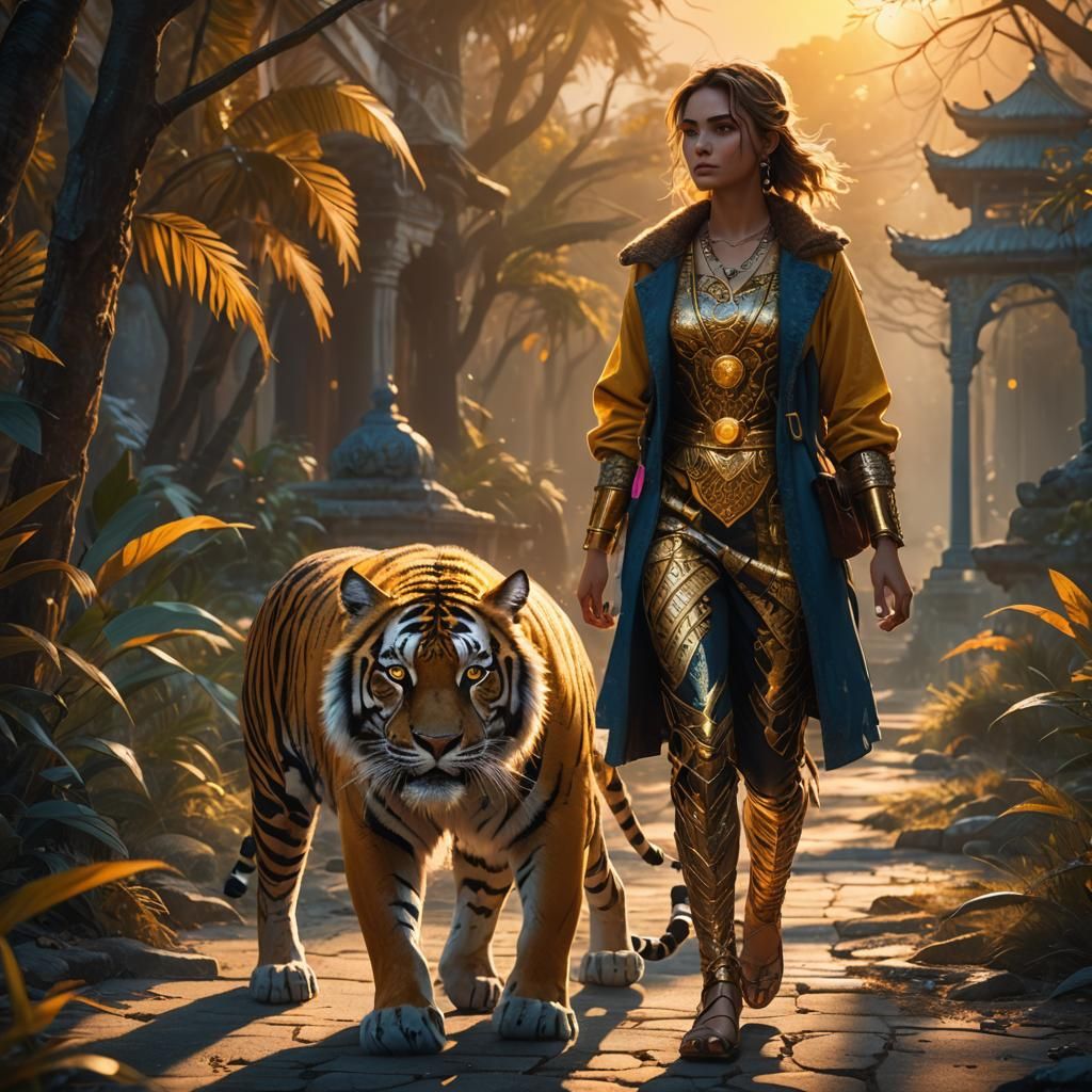 Girl and Tiger at Sunset: a Matte Painting