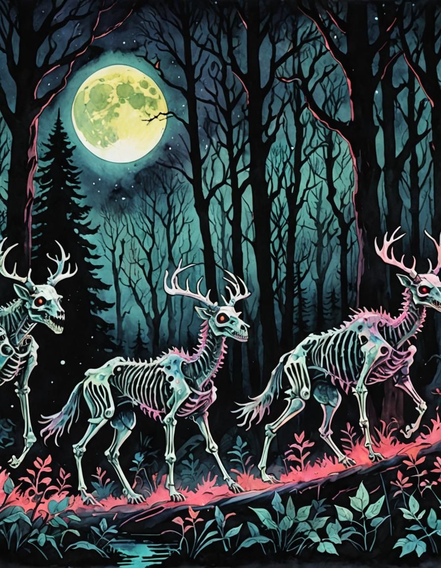Neon Horror Skeletal Beasts in Dark Woods