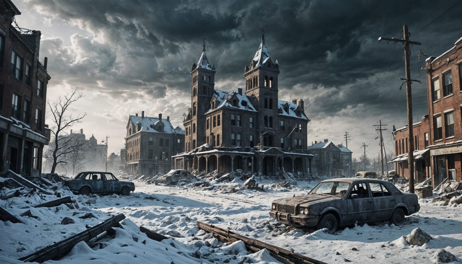 Ethereal Post-Apocalyptic Winter Landscape with Flickering L...