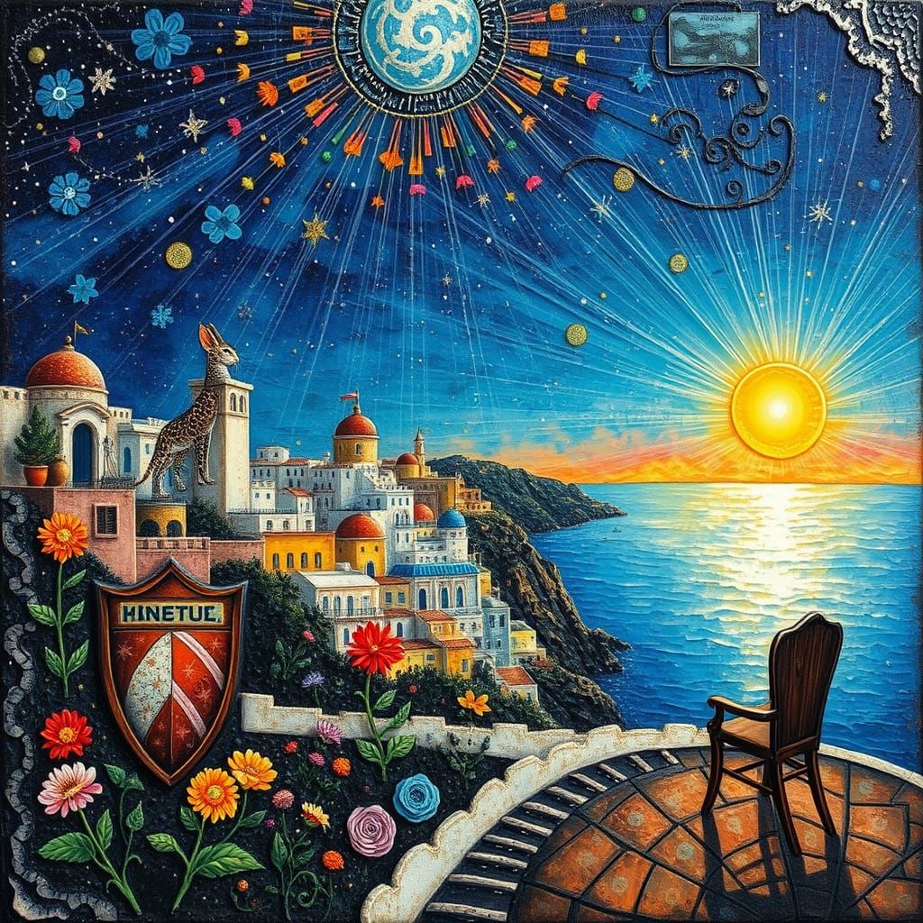 Whimsical Santorini Townscape at Sunset