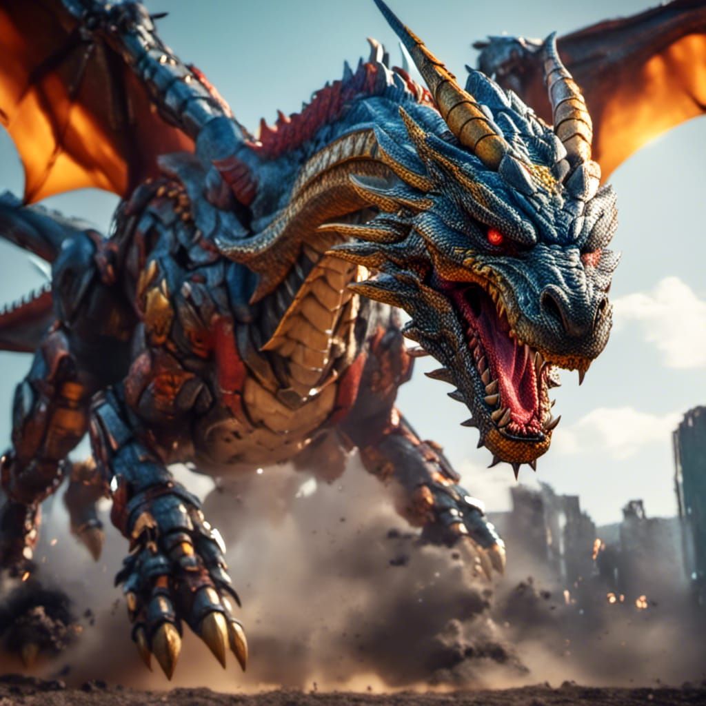 Gigantic Mecha Dragon in Hyperrealistic Style