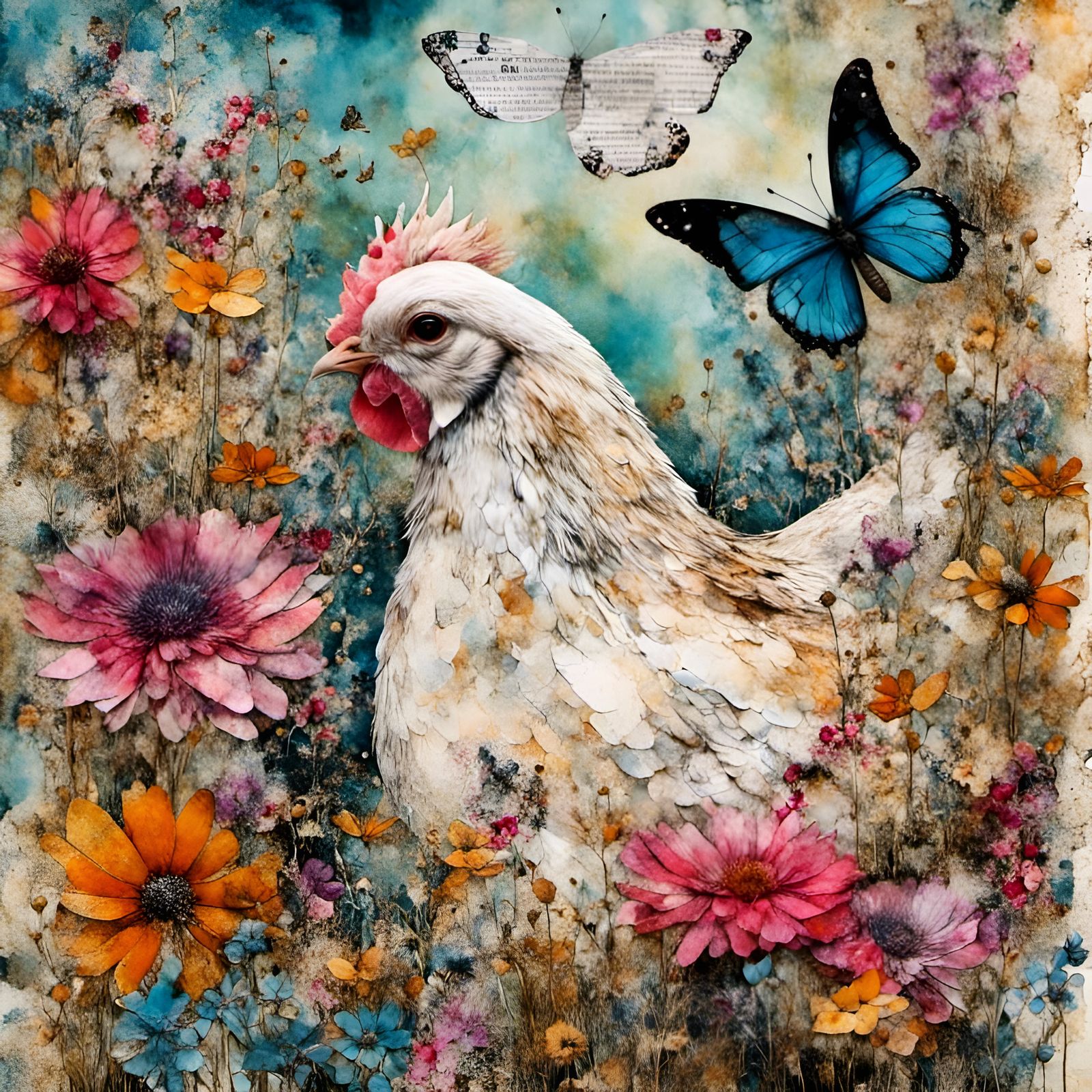 Hen in Wildflower Garden: Mixed Media Collage Art