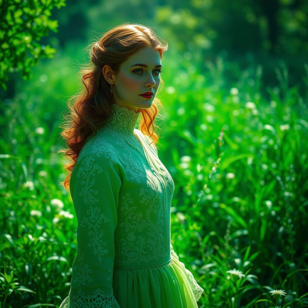 Ethereal Green Goddess in Psychedelic Floral Pattern