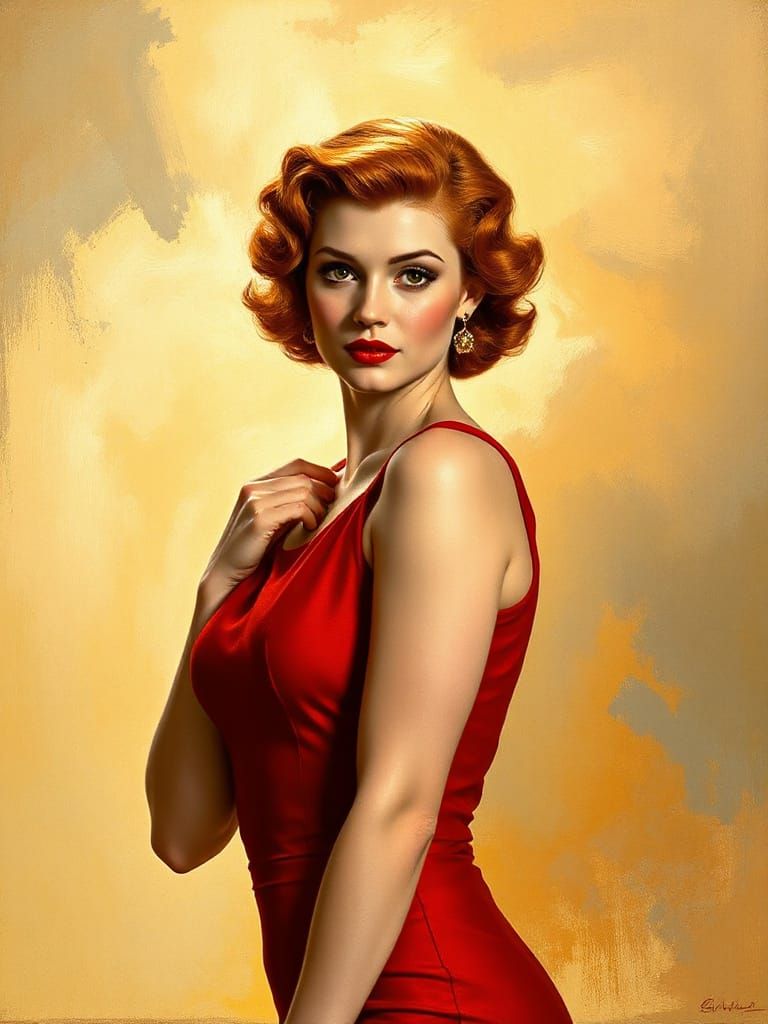 Confident Redhead Pin-Up in Art Nouveau Style