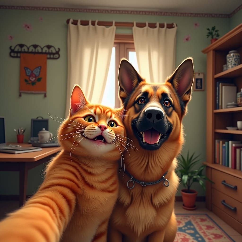 Orange Cat and German Shepherd Selfie in Apartment