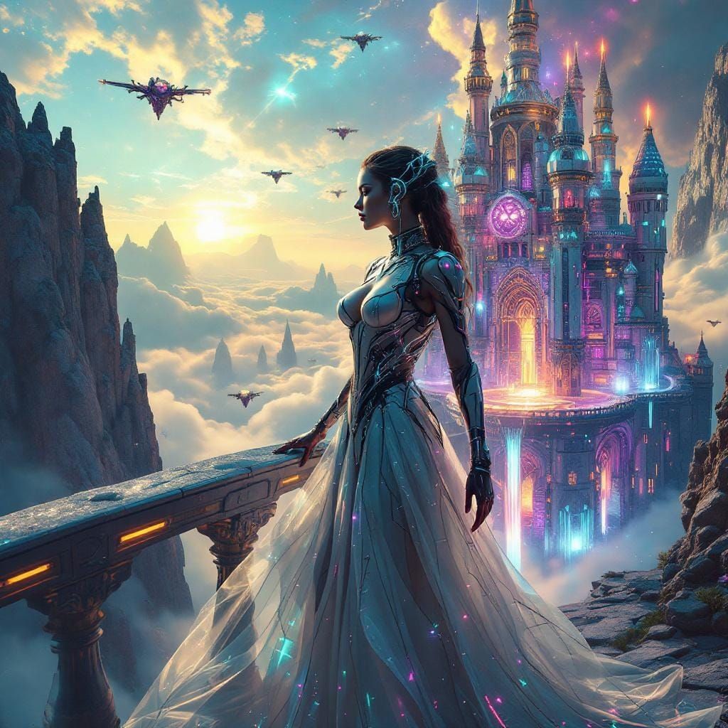 Cyberpunk Princess in Sky Citadel with Neon Lights