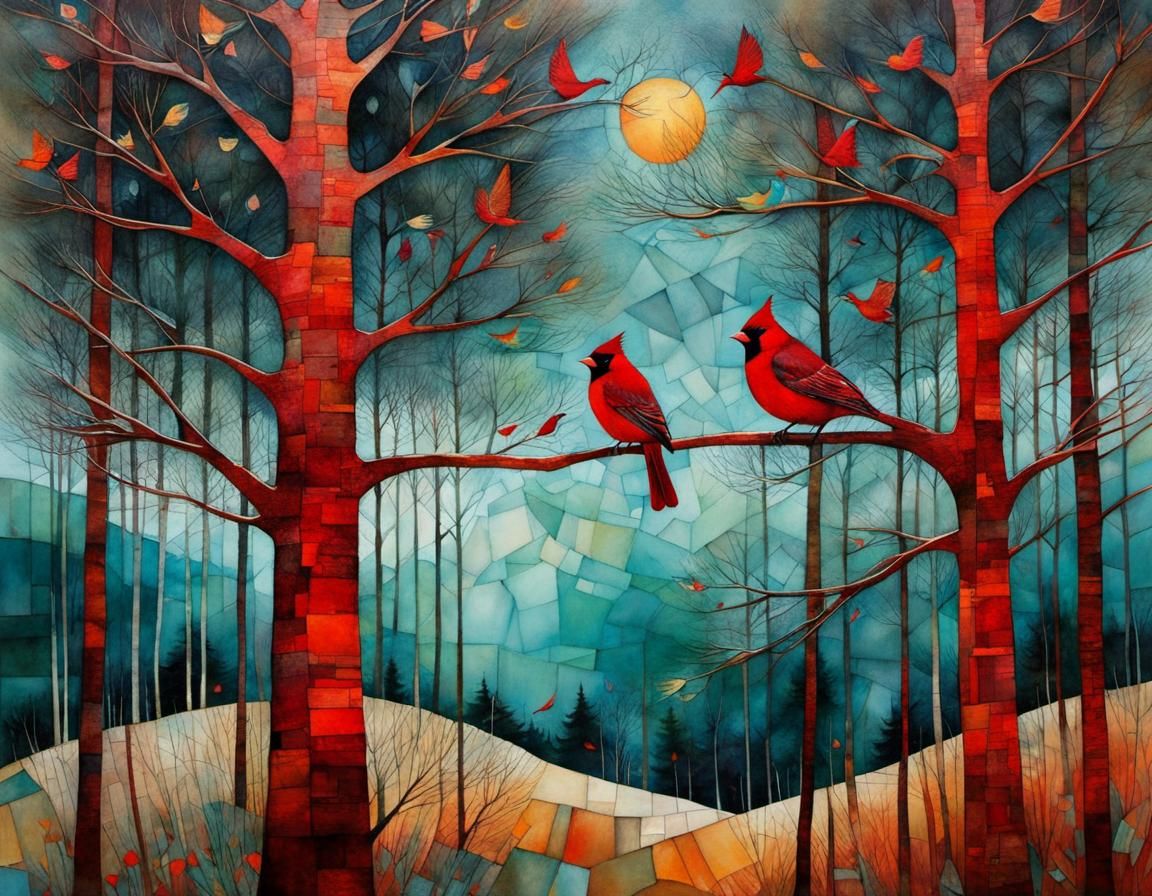 Crimson Sunset: Whimsical Cubist Illustration