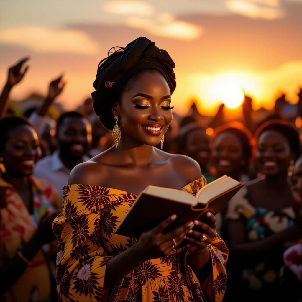 Nigerian Billionaire Woman Contemplating Bible Amidst Celebr...