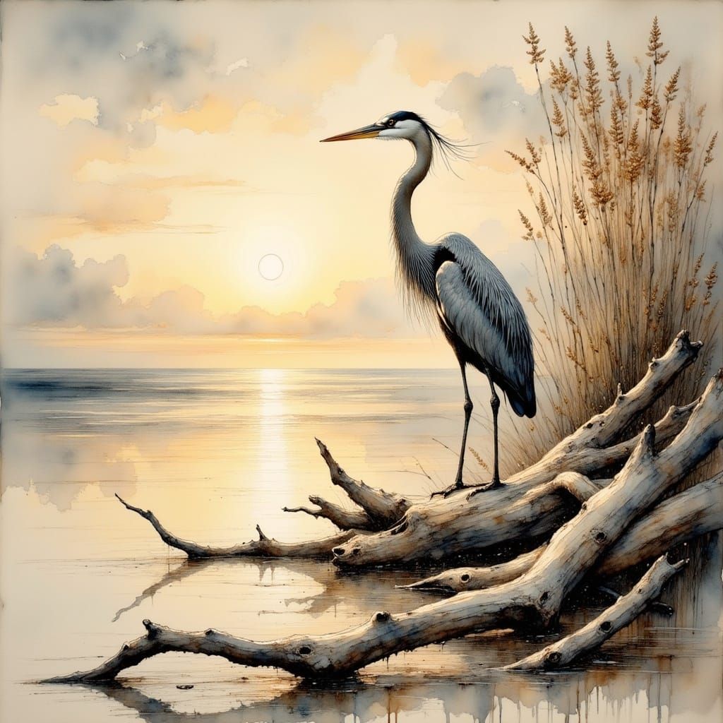 Weathered Driftwood on Serene Beach, Majestic Heron Silhouet...