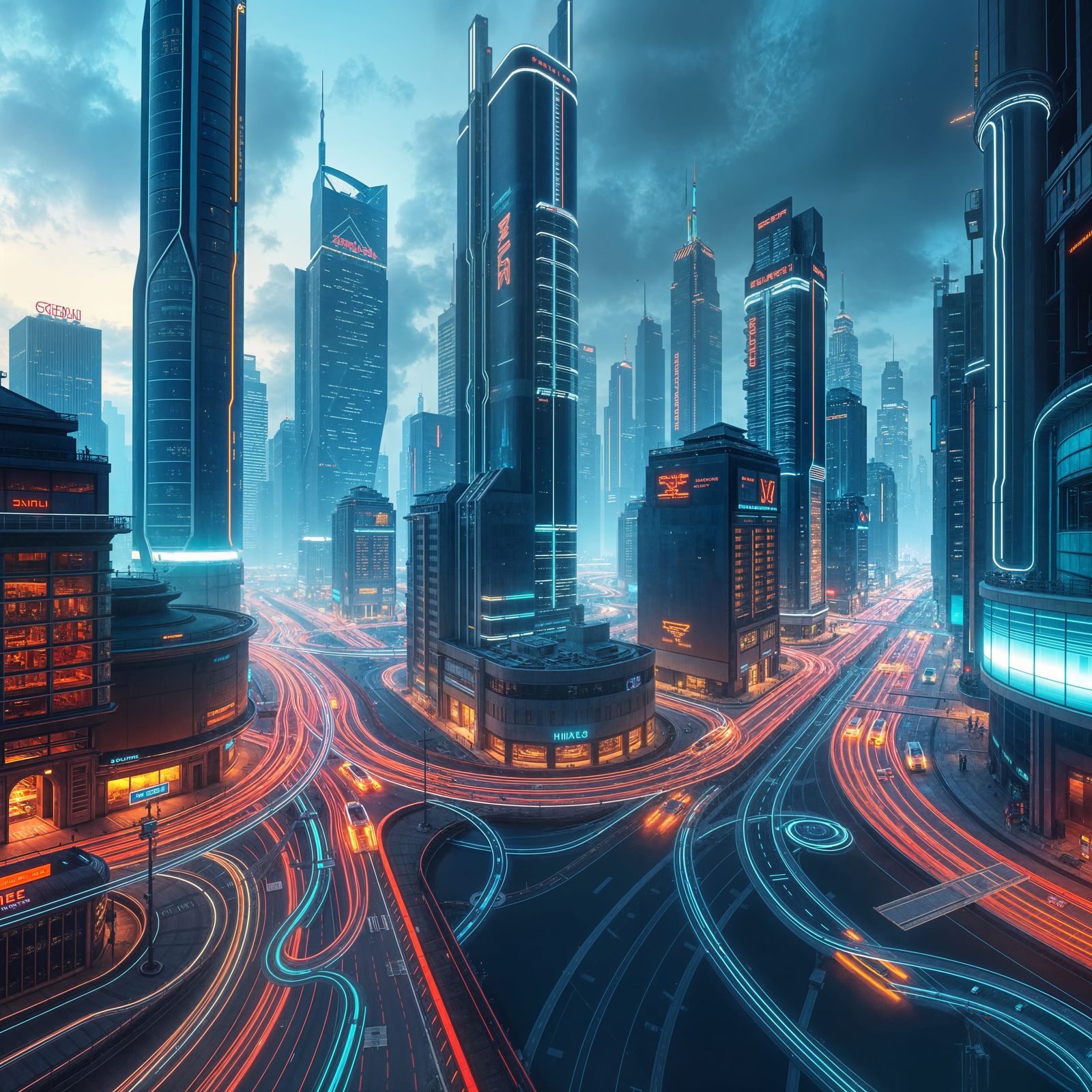 Futuristic Cityscape with Glowing Skyscrapers and Light Trai...