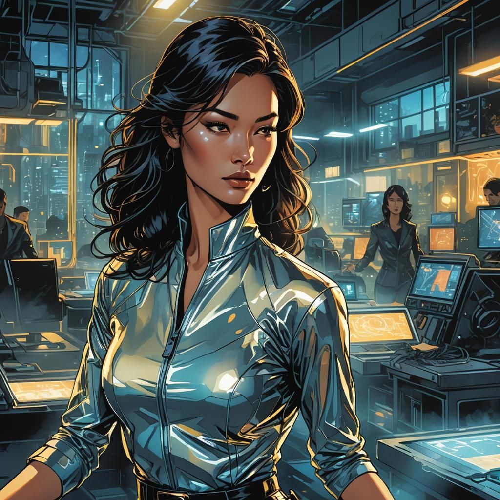 Eurasian Superspy in Tech-Noir Comic Book Art