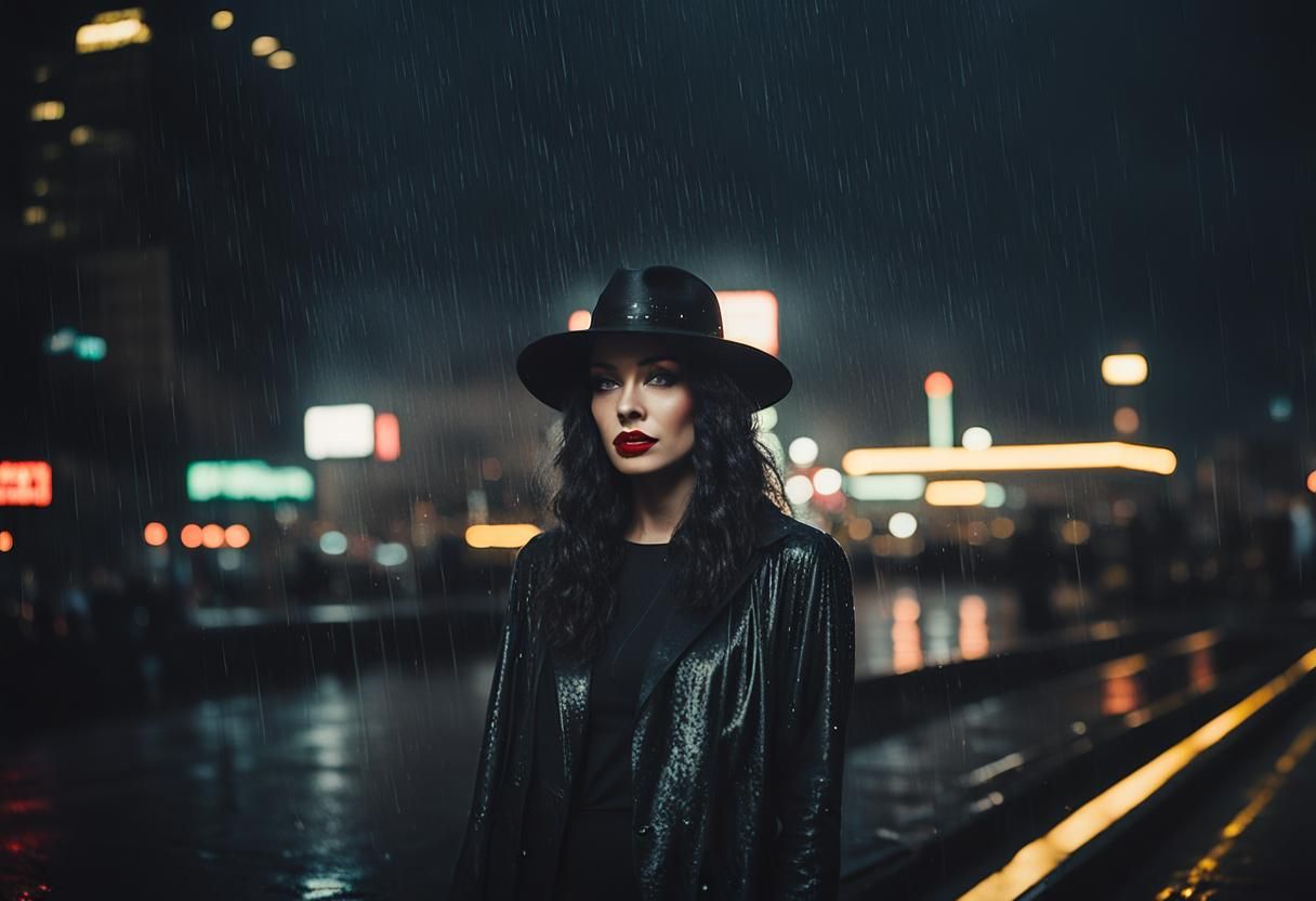 Film Noir Woman in Fedora Amidst Rainy Cityscape