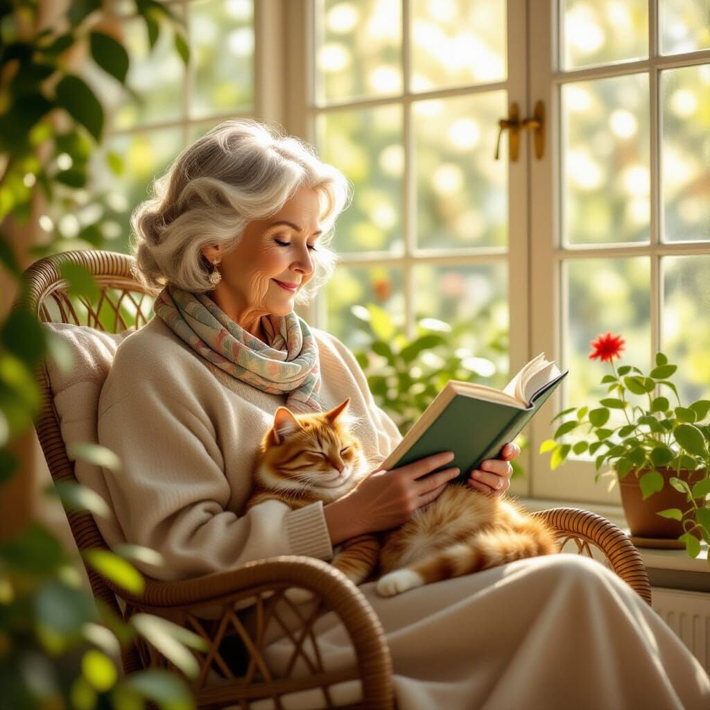 Serene Solarium Scene with Elderly Woman and Cat
