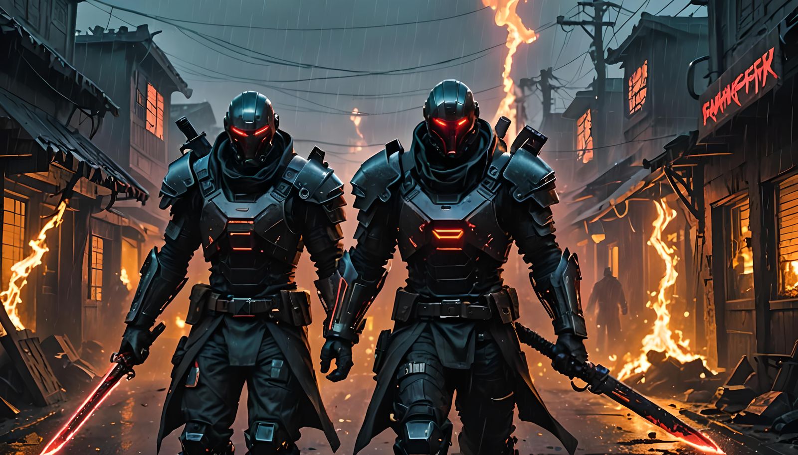 Cyberpunk Warforged Assassin Attacks Burning Village