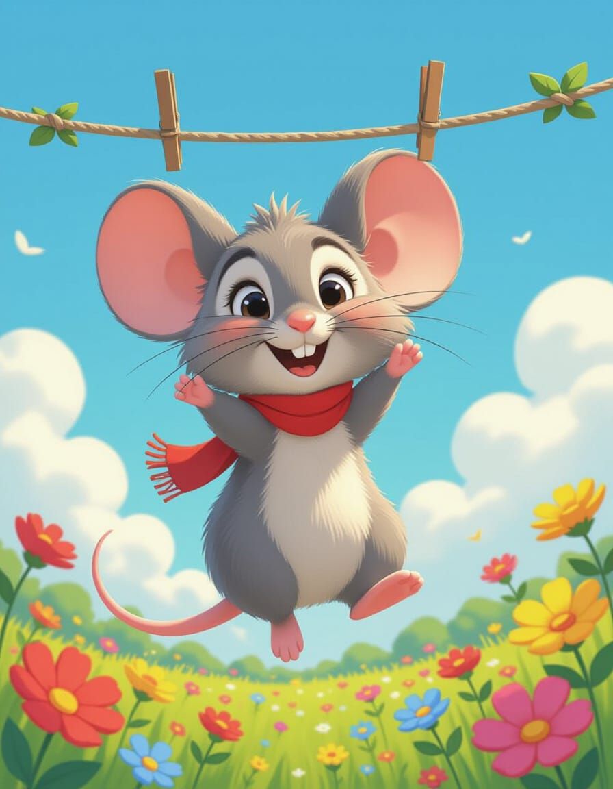 Cartoon Mouse on Clothesline in Pixar Style