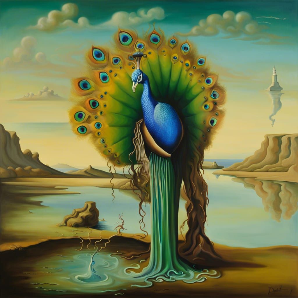 Surreal Peacock Melting Oil on Canvas