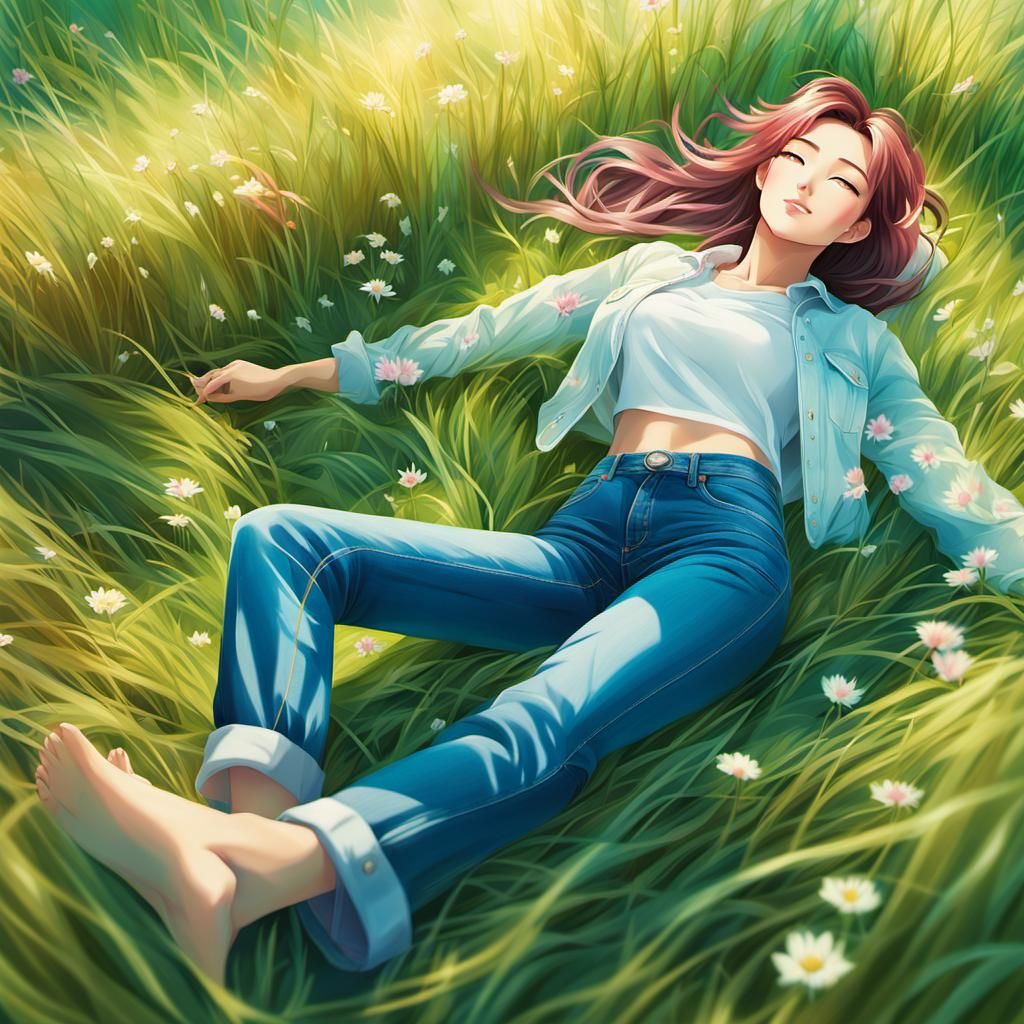 Barefoot Beauty in Meadow: Japanese Manga Style
