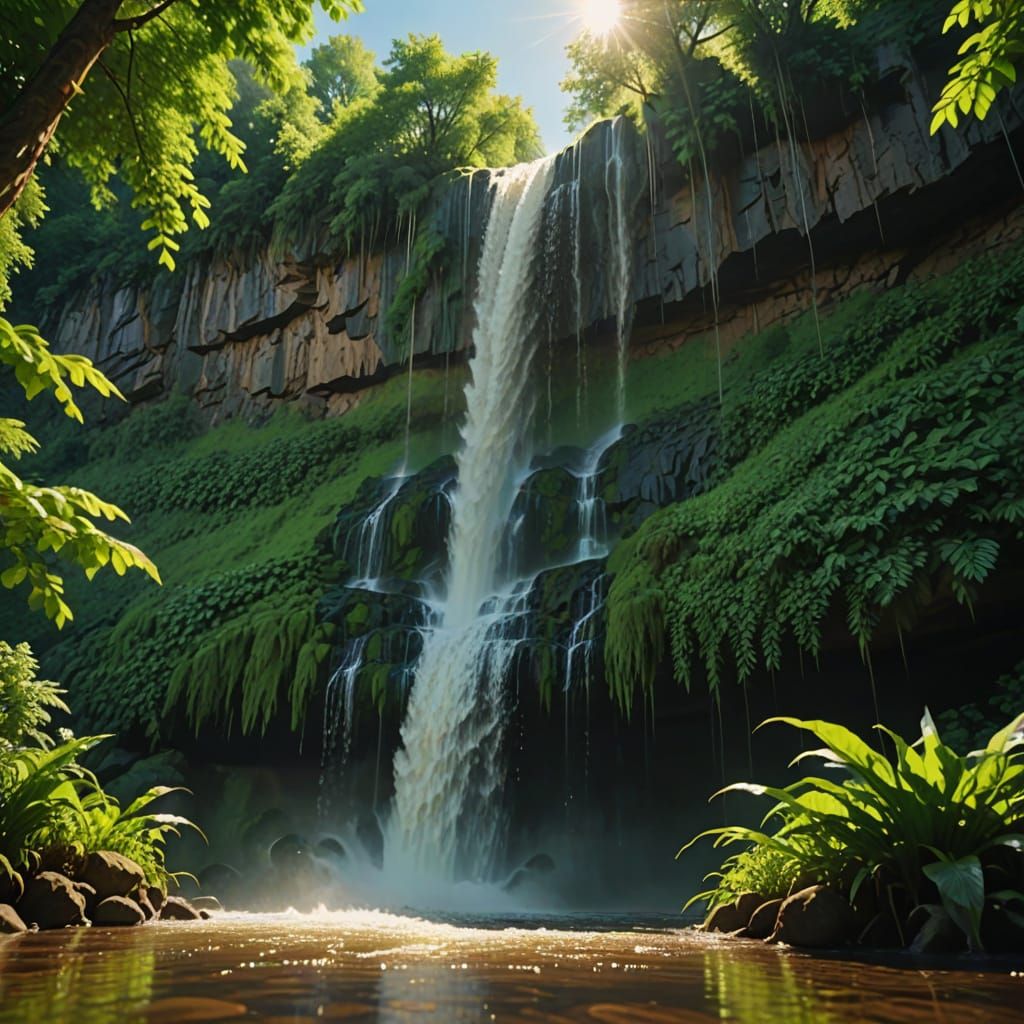 Cinematic Waterfall Oil Painting in Sunlight