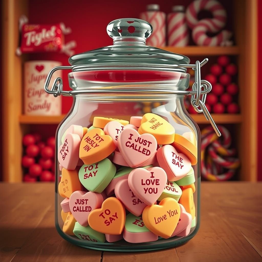 Whimsical Candy Store Scene with Candy Hearts