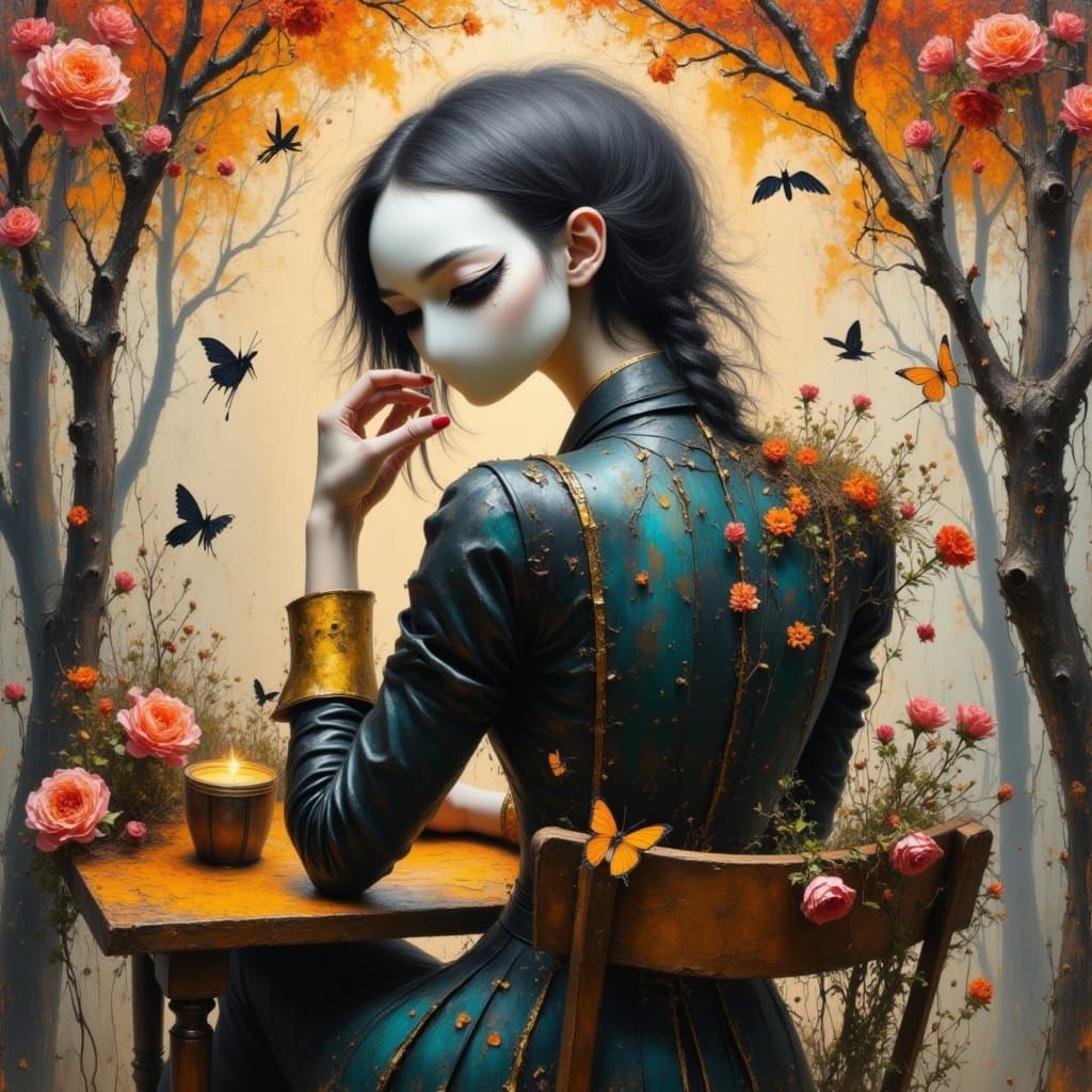 <lora:TexturedLinesV2:1.0> sad woman sitting at the table after the break-up, hips-up portrait in art brut style by Andy...