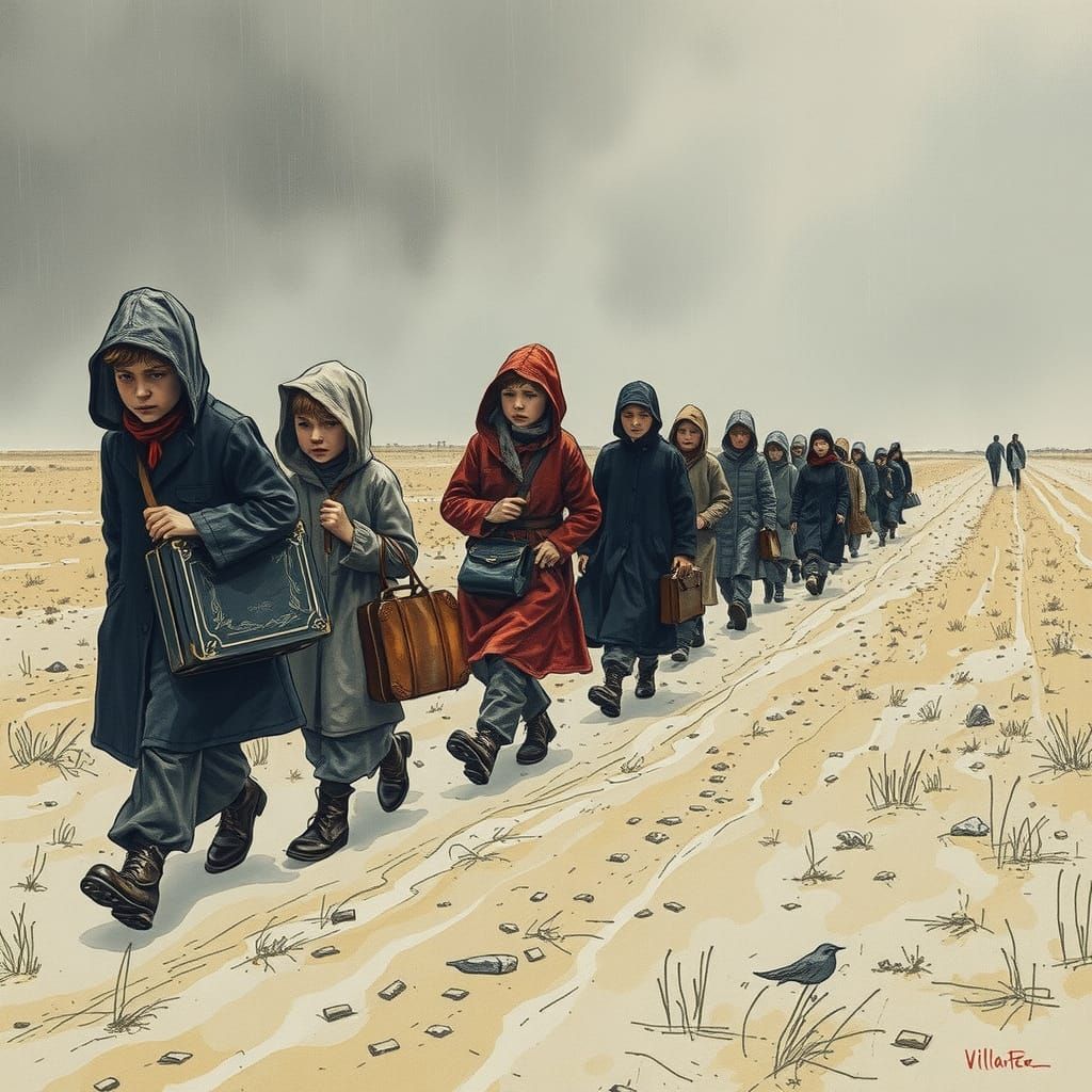 Tired Travelers in Storm: Gouache and Watercolor Sketch