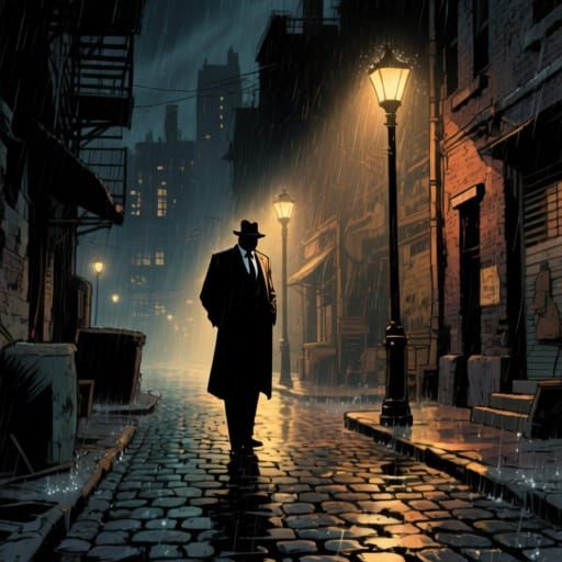 Lone Detective in Rainy City Slum, 1950s Comic Style