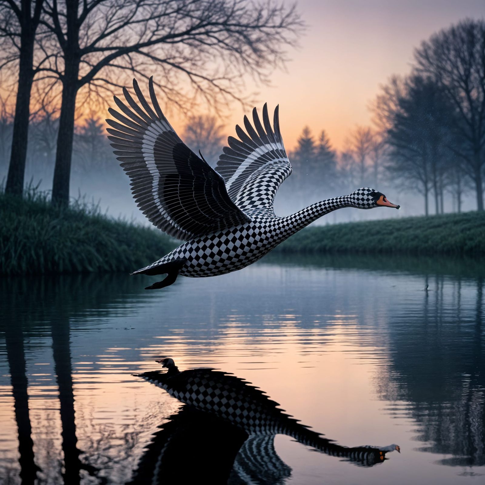 Checkerboard Swan Takes to the Morning Skies
