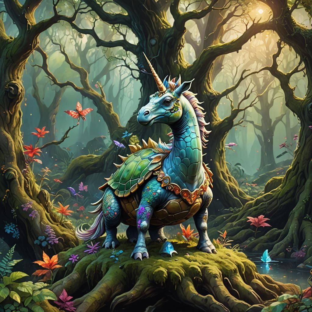 Turtle Unicorn in Vibrant Fantasy Landscape