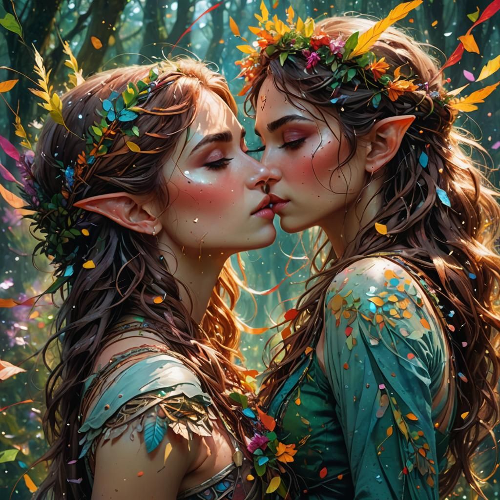 Elf Archer Girl Kissing Human in Digital Painting