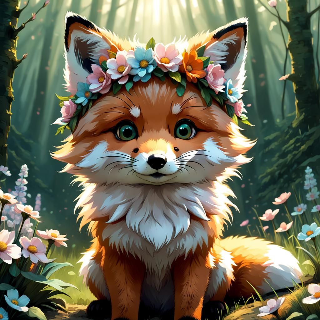 Chibi Fox Portrait with Flower Crown