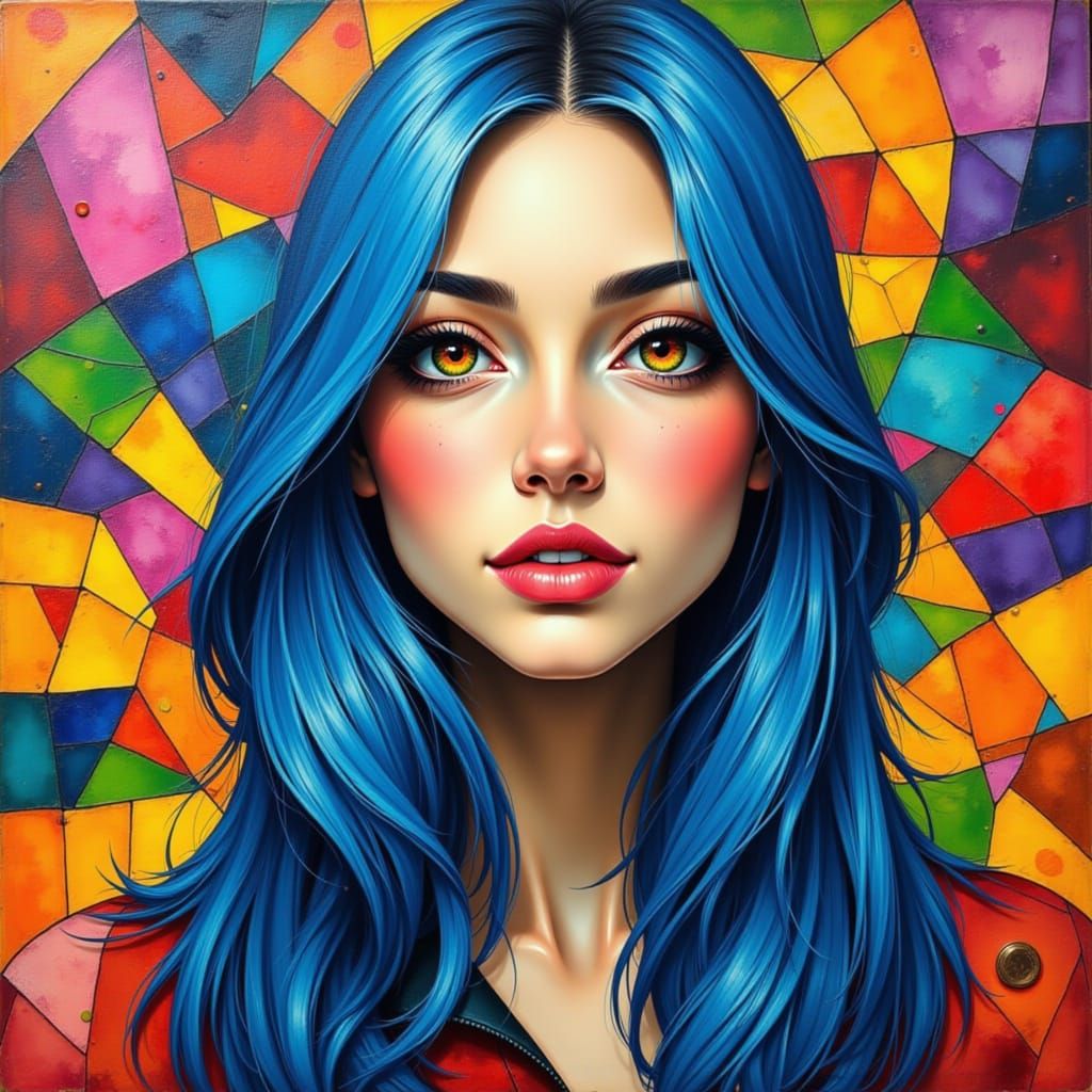 Abstract Geometric Portrait of a Blue-Haired Woman