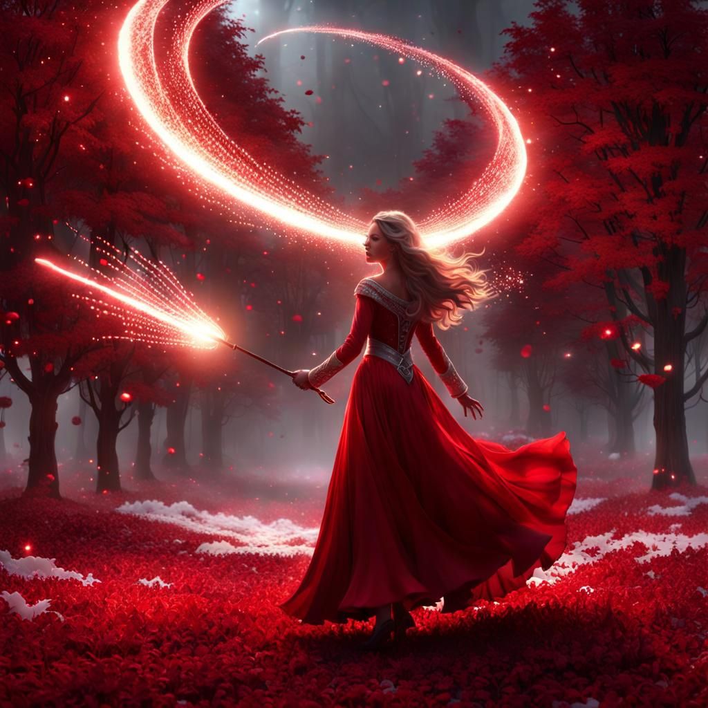 Girl with Magic Wand Flying in Sequined Whirlwind