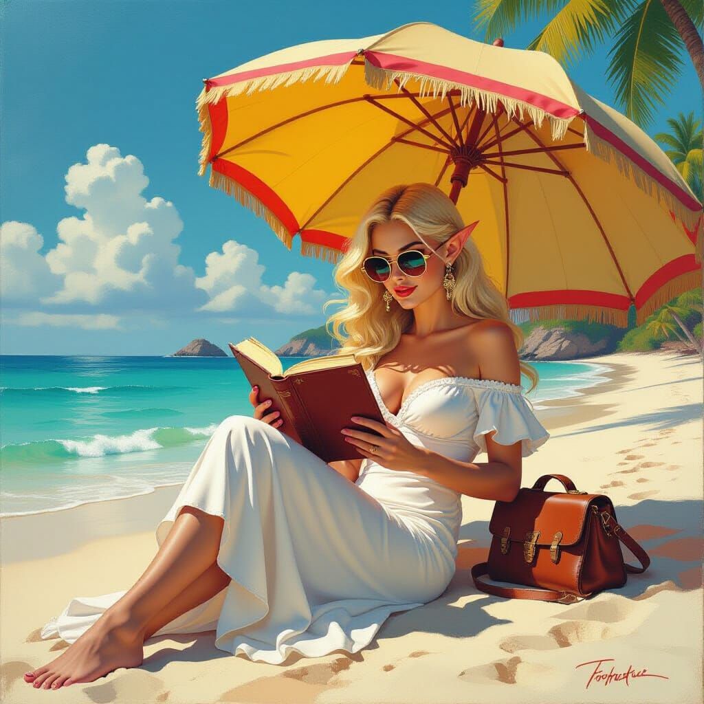 Elf Lounging on Beach as Fantasy Oil Painting