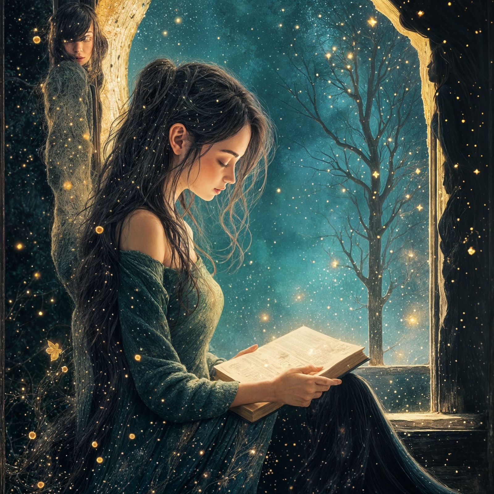 Starlight Hair Woman Reading by Bioluminescent Forest Window
