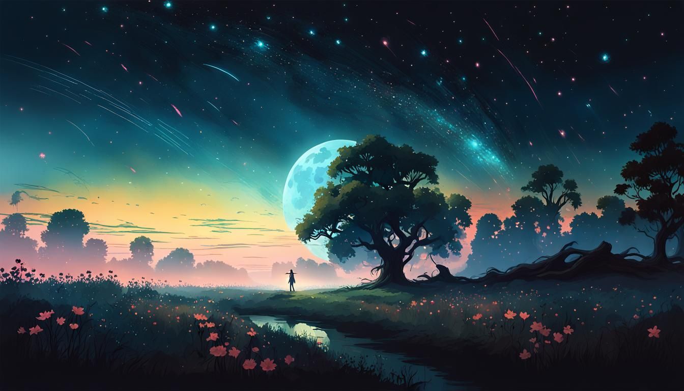 Ethereal Moonlit Dreamscape with Glowing Stars