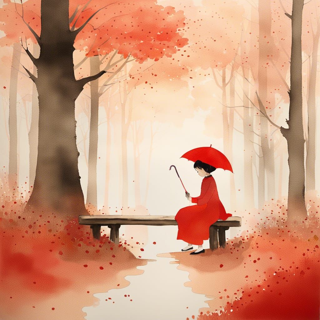 Girl with Red Umbrella in Watercolor Forest