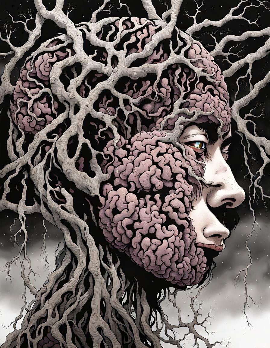 8K illustration of a melting brain made out of vines and eyes