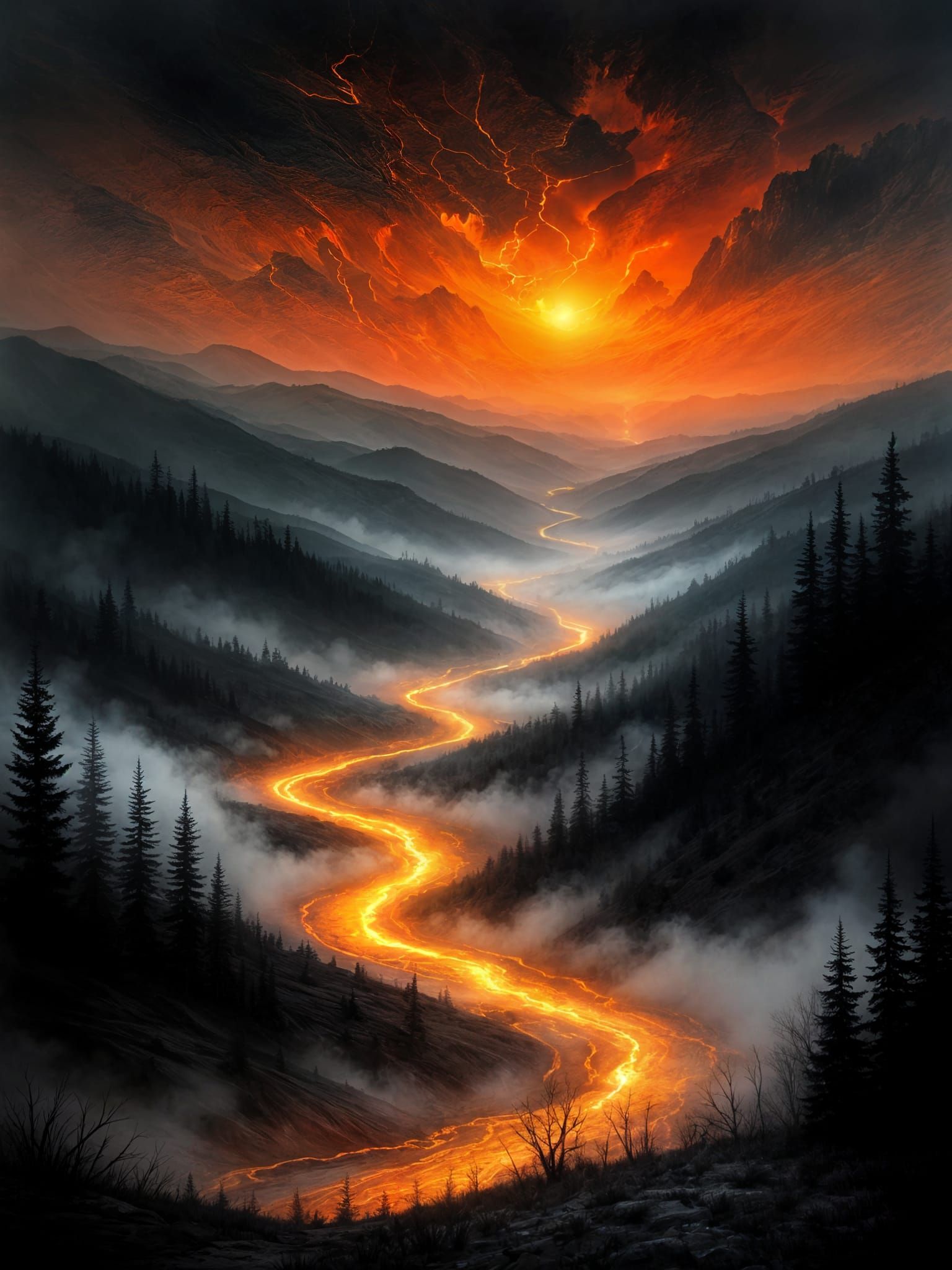 Surreal Orange River in Dark Watercolor Landscape