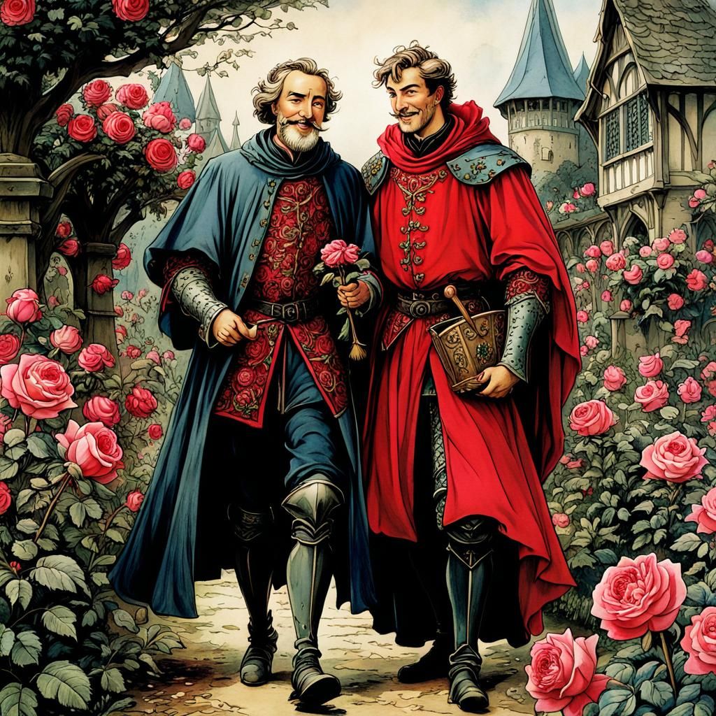Medieval Father and Son in Rose Garden, Anime Style